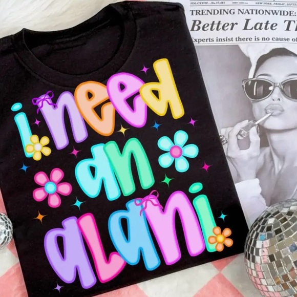 Comfort Colors Tops - Comfort Colors Black Tee with Bright Multicolor 'I Need an Alani' Graphic